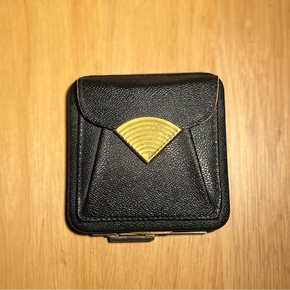 Vintage Lin Bren coin purse powder compact, black leather, USA 1940s